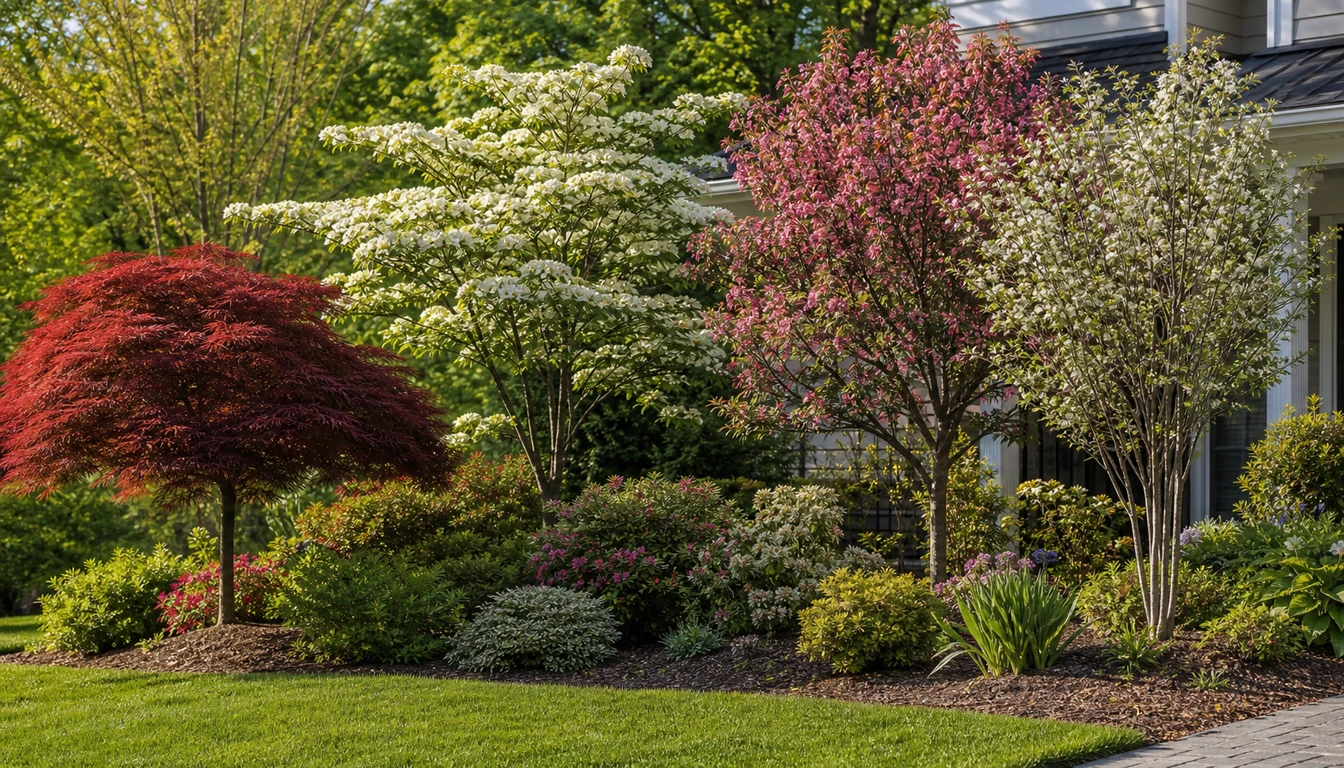 front yard ornamental tree planting with Japanese maple, dogwood, crabapple, and serviceberry
