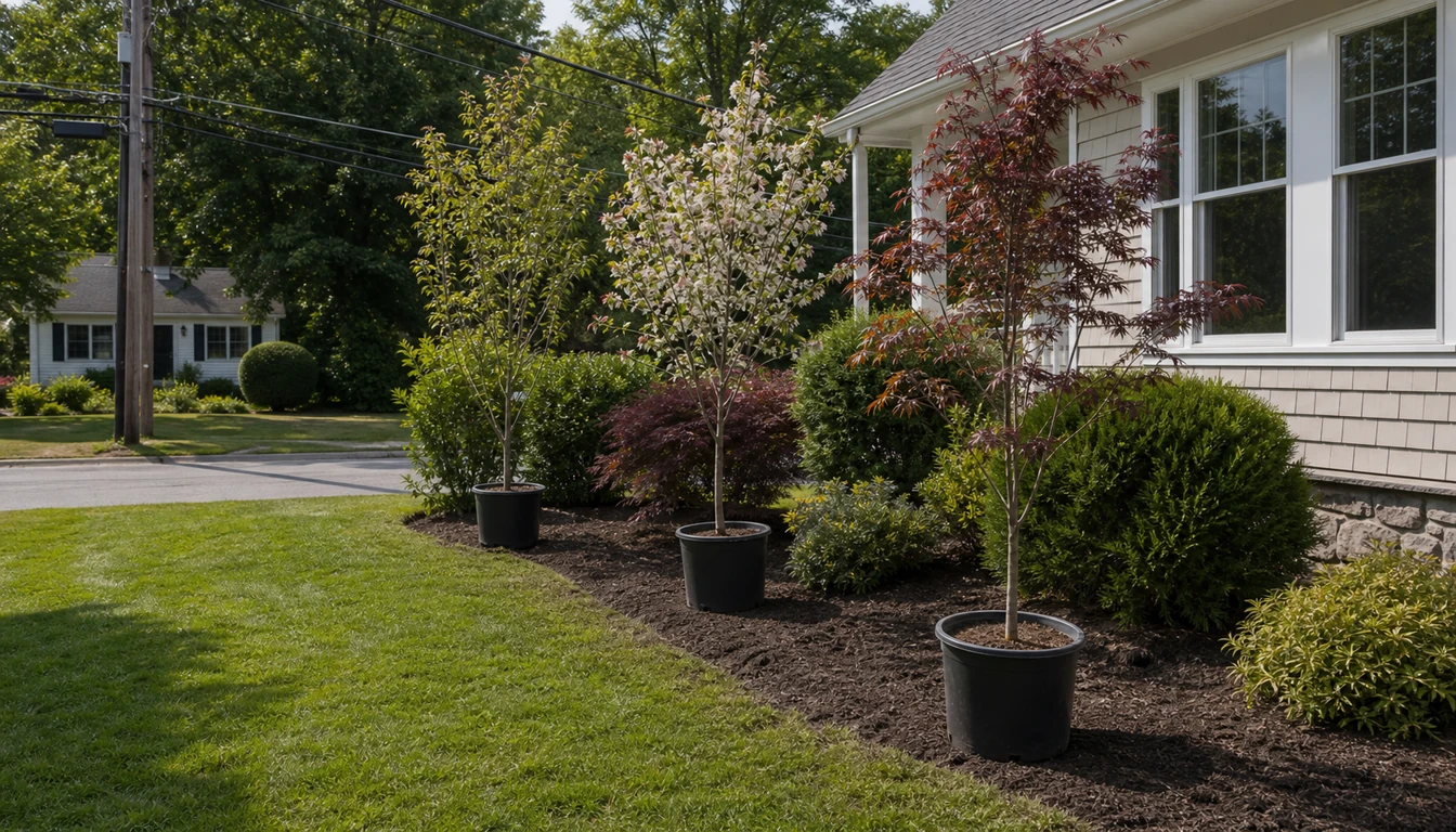 young ornamental trees in pots arranged by sun exposure and spacing before planting