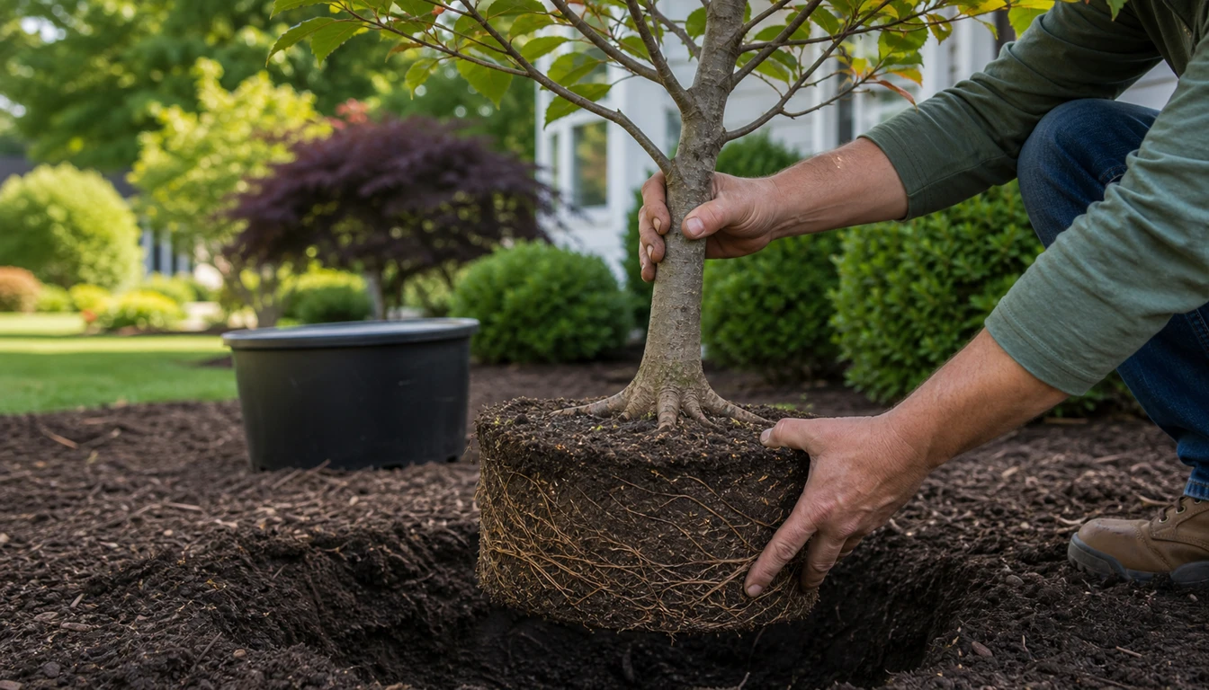 young ornamental tree root flare and root ball checked before planting