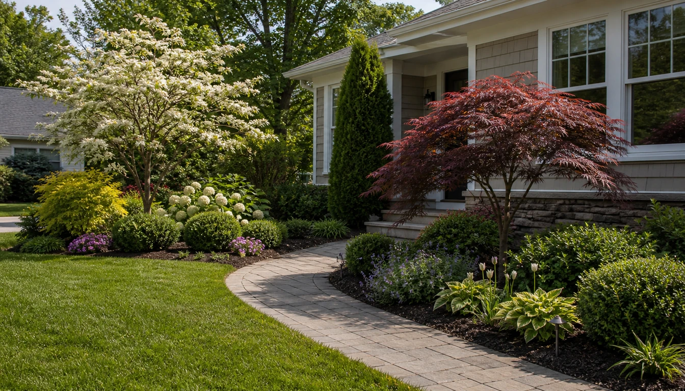small ornamental trees used as focal points beside a front walkway and foundation bed