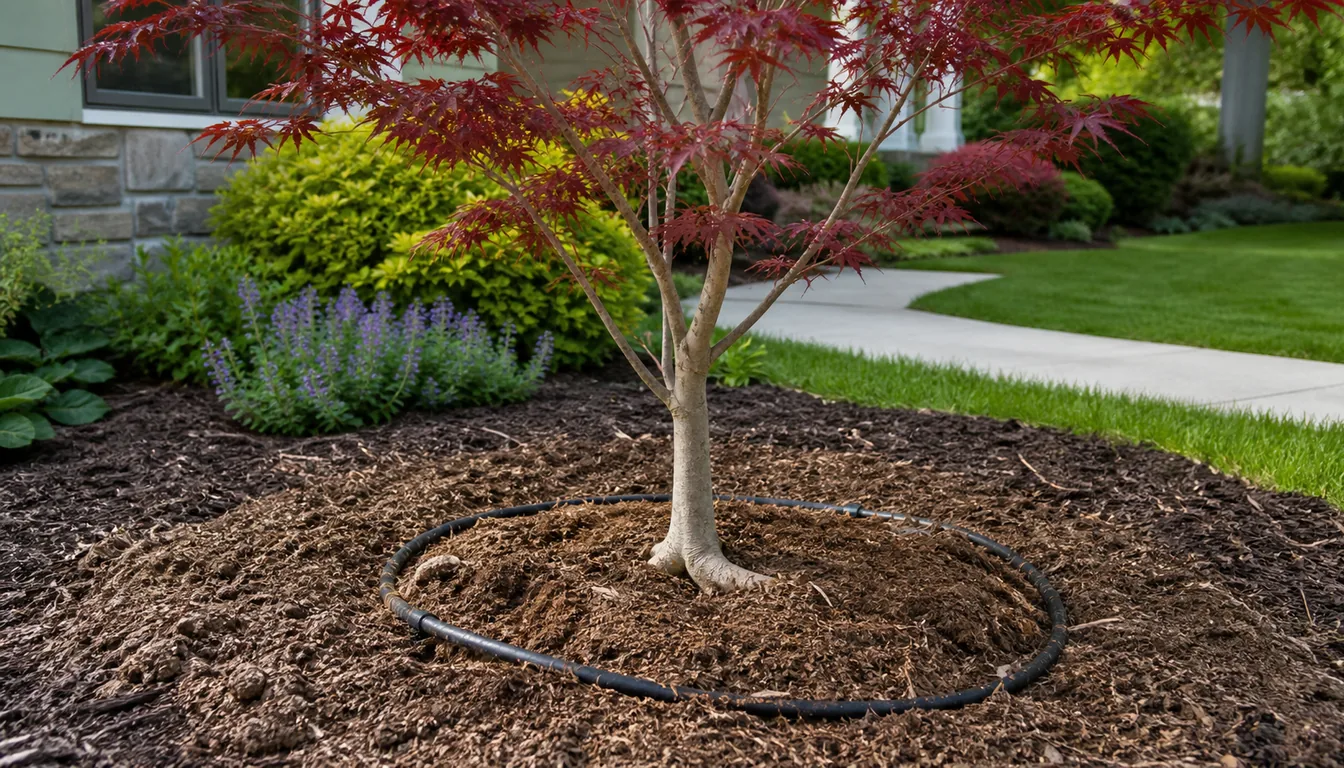 ornamental tree mulch ring with drip irrigation and compost around a visible root flare