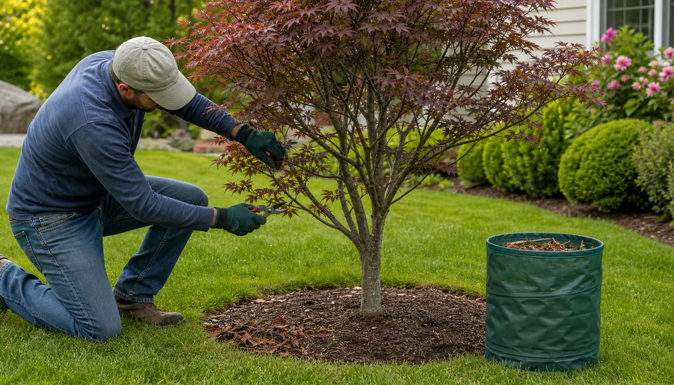 gardener selectively pruning a small ornamental tree and clearing leaves from the mulch ring