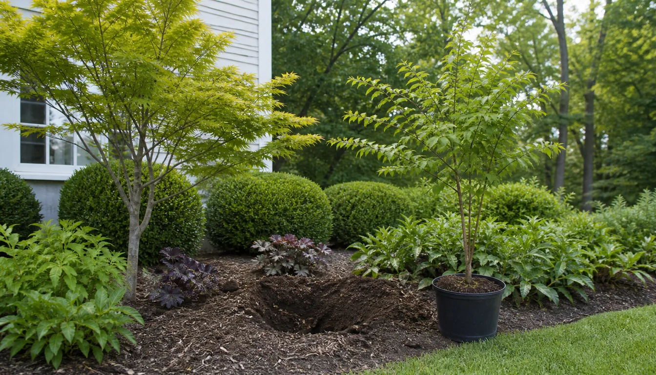 open ornamental tree planting gap with a replacement young tree in a plain pot nearby