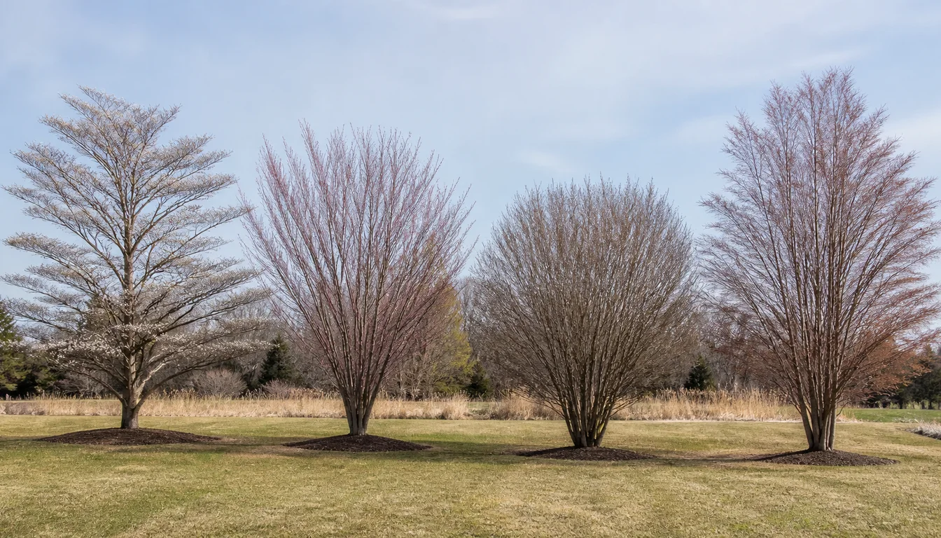 Mature ornamental trees with layered, vase-shaped, rounded, and multi-stem forms displayed on an arboretum lawn