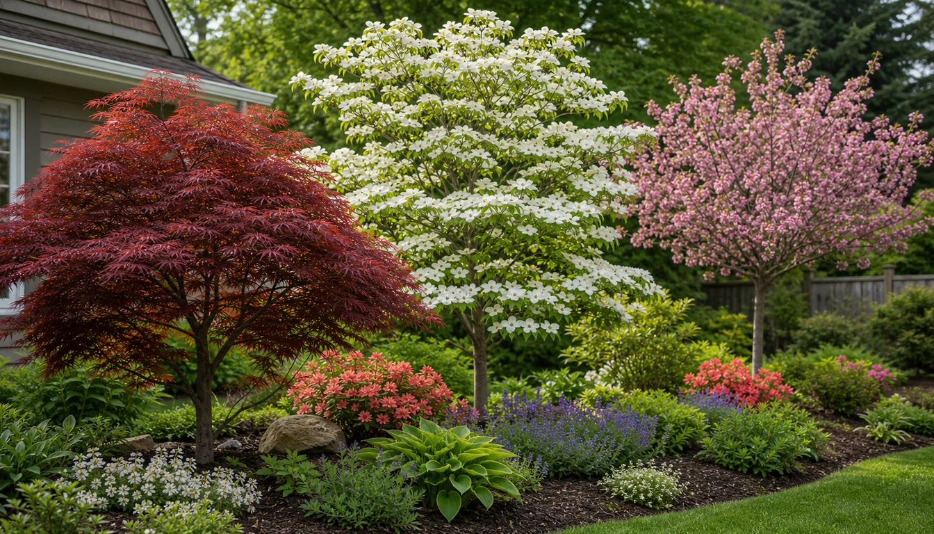 Ornamental flowering tree with layered branches as a landscape focal point