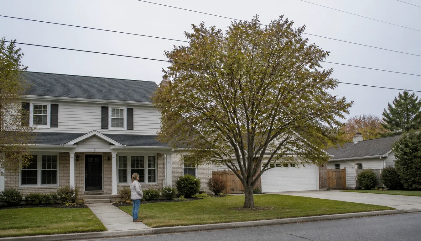 Mature ornamental tree canopy shown beside a two-story house, driveway, and standing person for scale