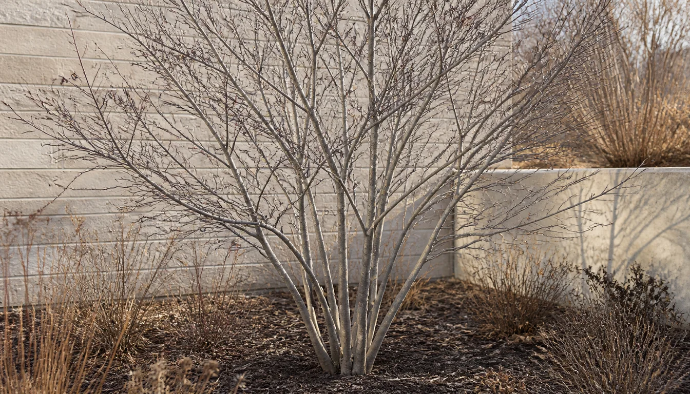 Leafless multi-stem ornamental tree showing fine winter branches, smooth bark, and a few persistent berries in a courtyard