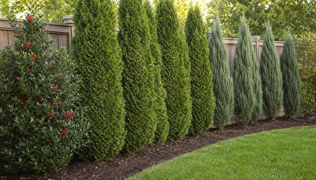 A garden boundary seen from the seating side, with an evergreen screen partly covering the view of the property behind it