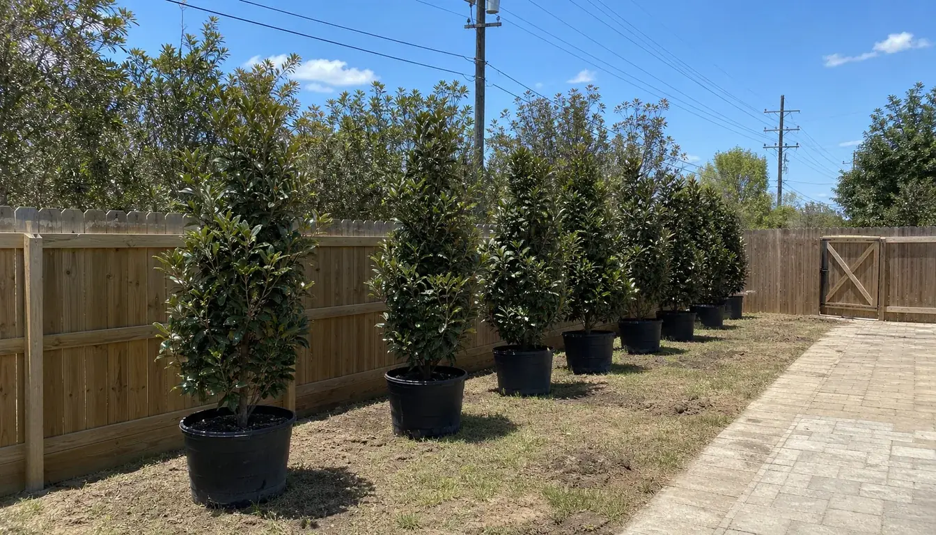 Potted screening trees staged along a fence line at their planting intervals, with clear gaps between them and working room visible behind