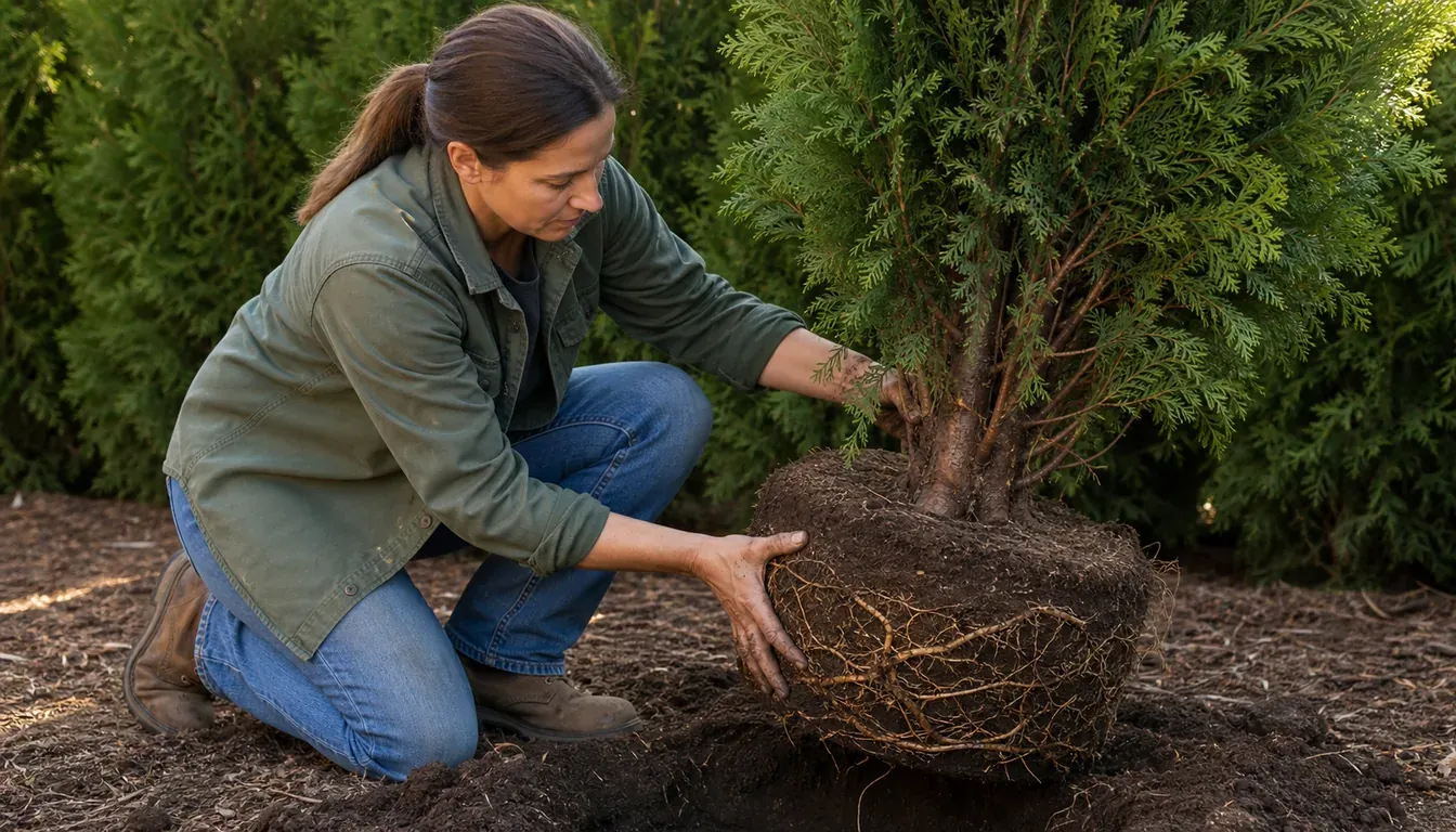 A screening tree's root ball beside its planting hole with the root flare clearly visible at the top of the ball
