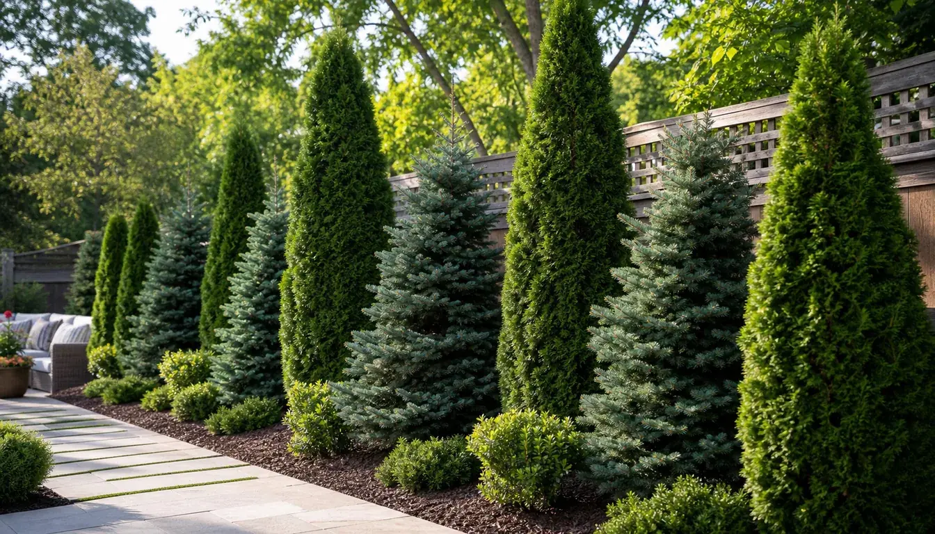 A staggered double row of evergreen privacy trees along a fence, the offset between the two rows visible as depth rather than a flat line