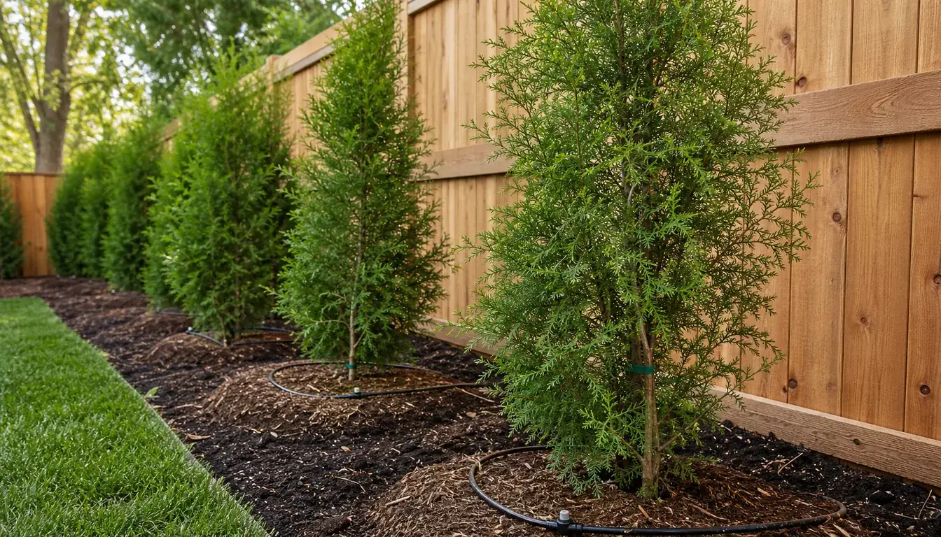 Newly planted privacy trees along a fence with mulch rings and drip irrigation lines at each root zone