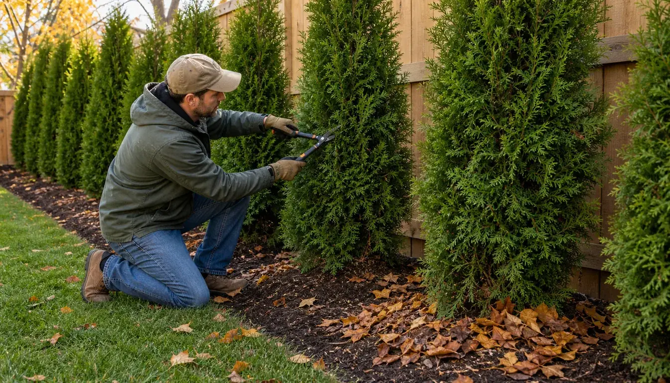 Light selective pruning and leaf clearing along an established fence-line screen, the natural form of the trees kept rather than sheared flat
