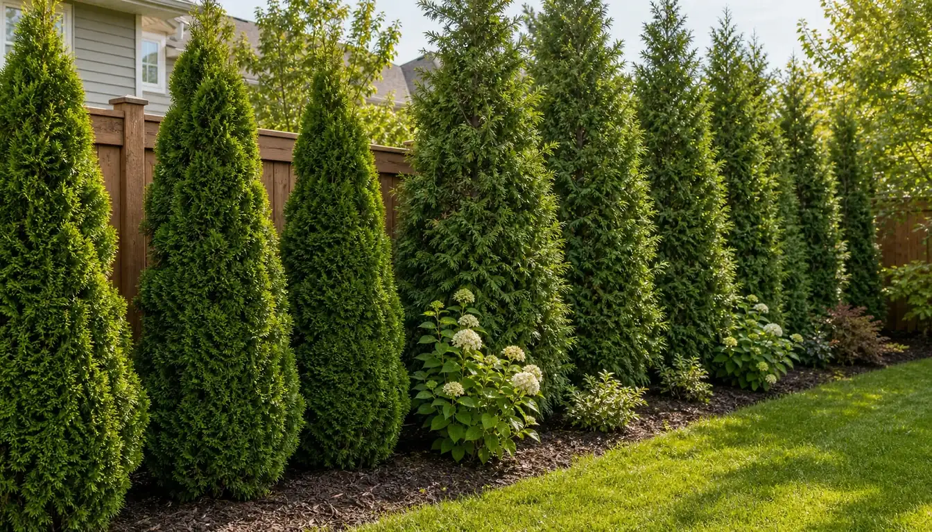 A row of evergreen privacy trees screening a back garden fence line, dense from the ground up