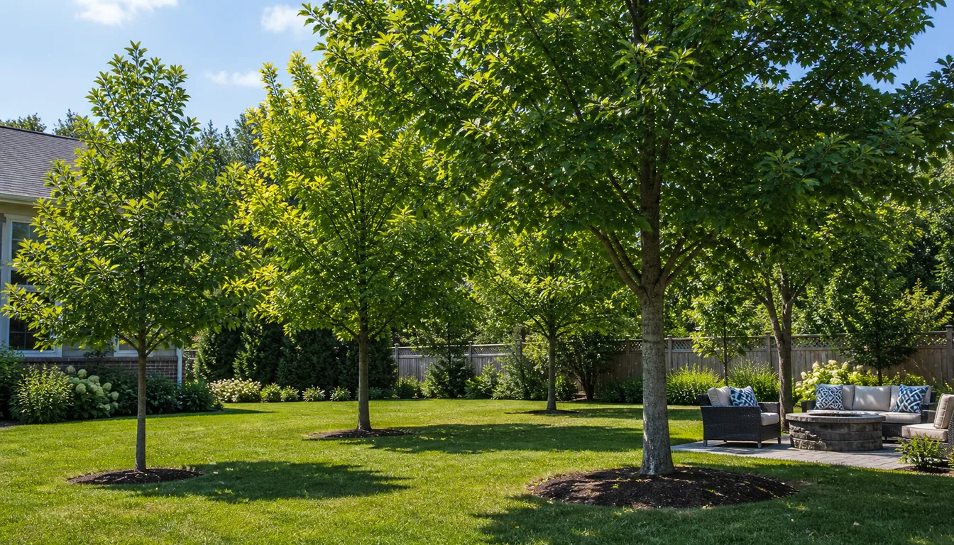 young broad-canopy shade trees casting shade near a residential seating area