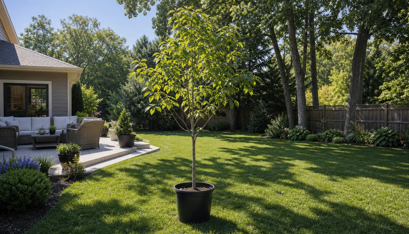 young shade tree staged in an open lawn with patio and canopy clearance visible