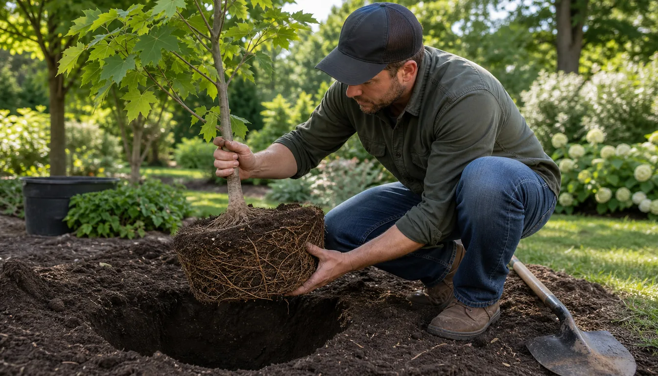 young shade tree root flare and root ball inspected beside a broad planting hole