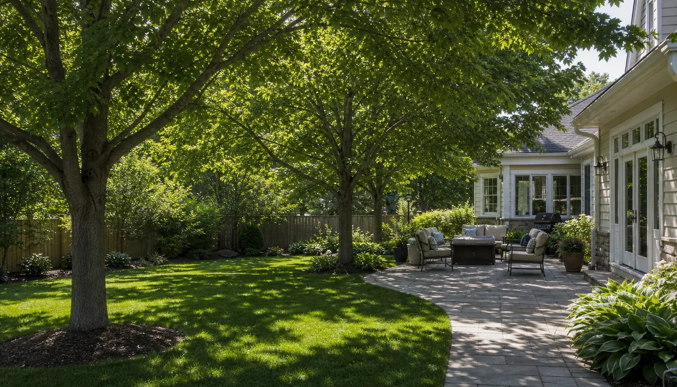 shade-tree layout around a patio with dappled canopy shade on the seating area