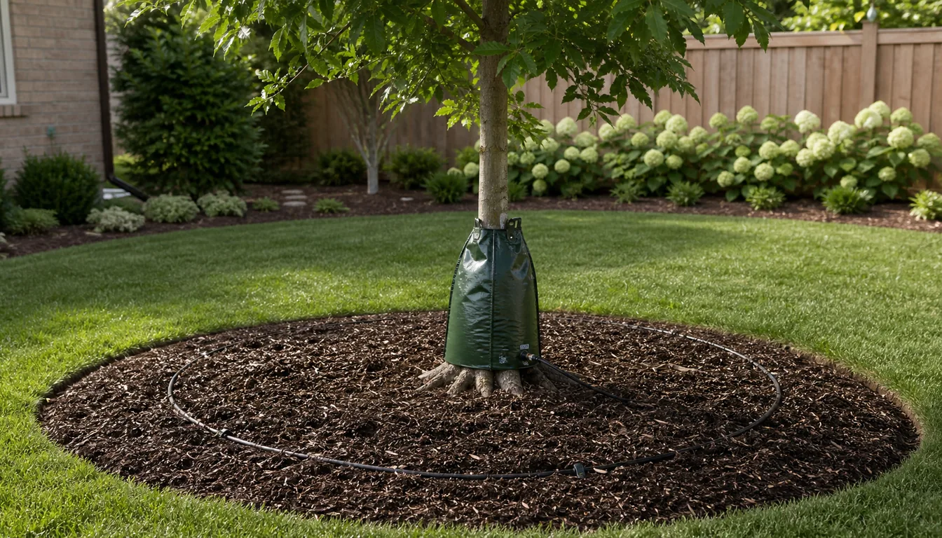 newly planted shade tree with wide mulch ring and slow watering at the root zone