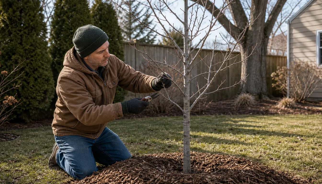 gardener making light structural pruning cuts on a young shade tree