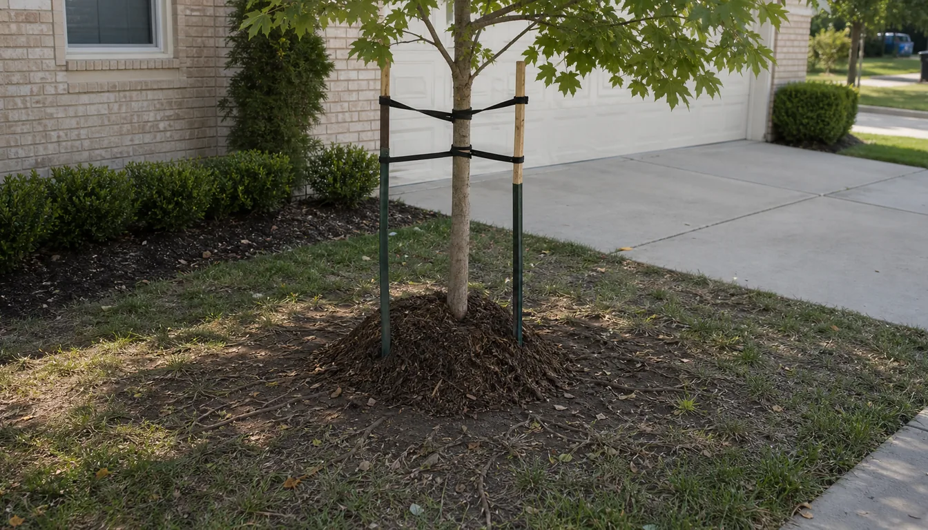 young shade tree planted too close to a house with tight staking and trunk mulch