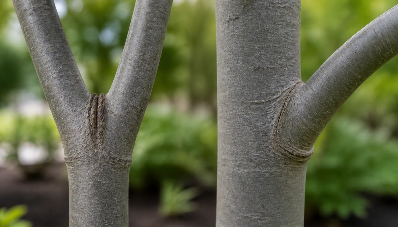 Two young tree branch unions compared side by side, the left a tight narrow V with a dark ridge of bark pinched down inside the crotch, the right a wide open union with a smooth raised collar of bark around the join