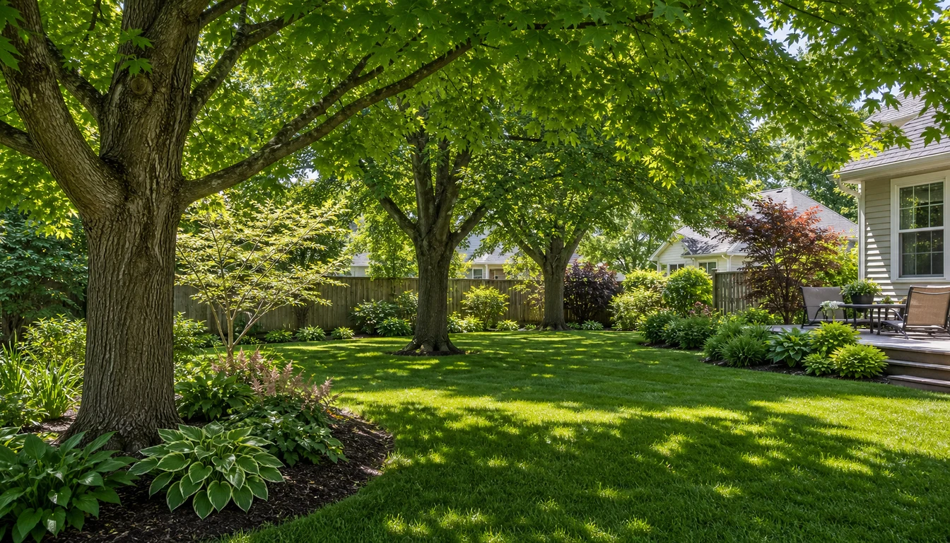 Large shade tree canopy casting cool shade over a yard seating area