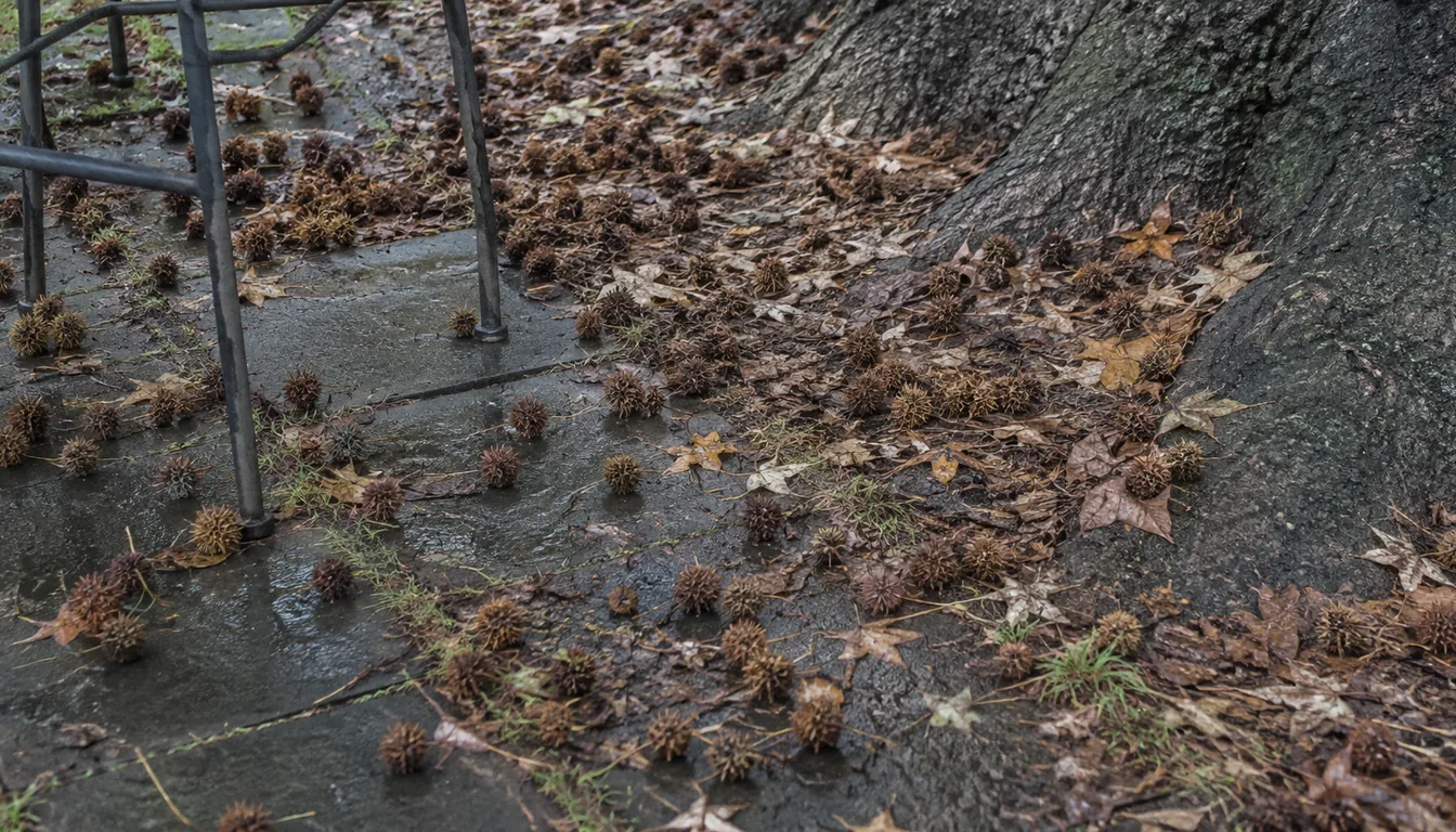 Wet paving and the base of a large trunk covered in dozens of hard brown spiky seed balls among fallen star-shaped leaves, with the metal legs of a garden chair standing among them