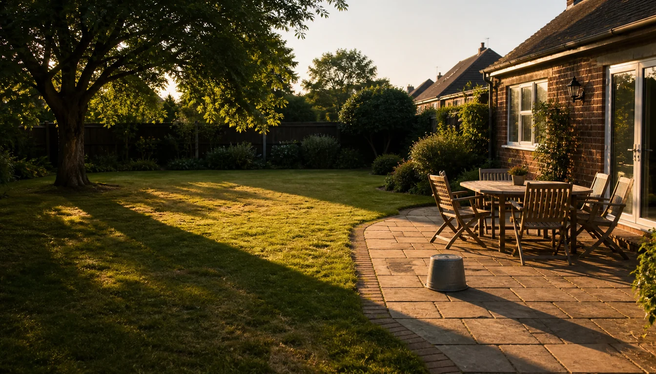 Late-afternoon back garden where a sunlit patio table sits in full heat on one side while the mature tree's long shadow falls across empty lawn on the other, with an upturned bucket marking the spot that needs shade