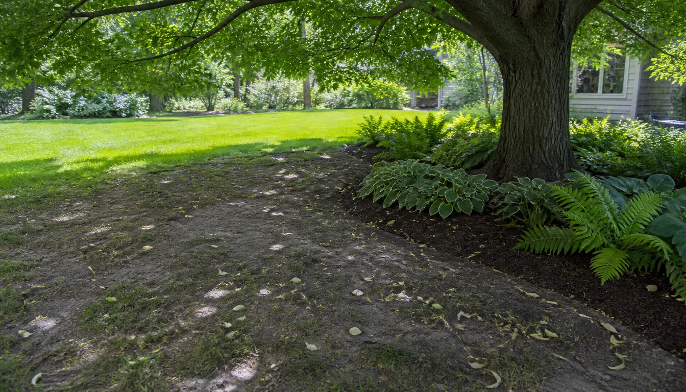 Ground beneath a mature canopy where the lawn is thin, patchy, and worn to bare soil, giving way to a mulched bed of hostas and ferns near the trunk, with thick green grass continuing in the sunlit area past the shade line