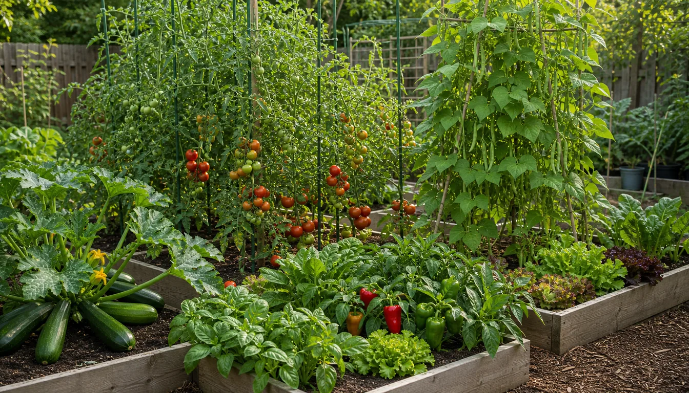 raised vegetable beds with tomatoes, pole crops, zucchini, peppers, and leafy greens