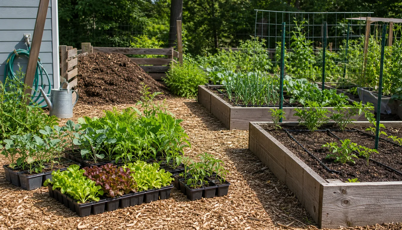 vegetable seedlings staged beside sunny raised beds with water, compost, and trellis space