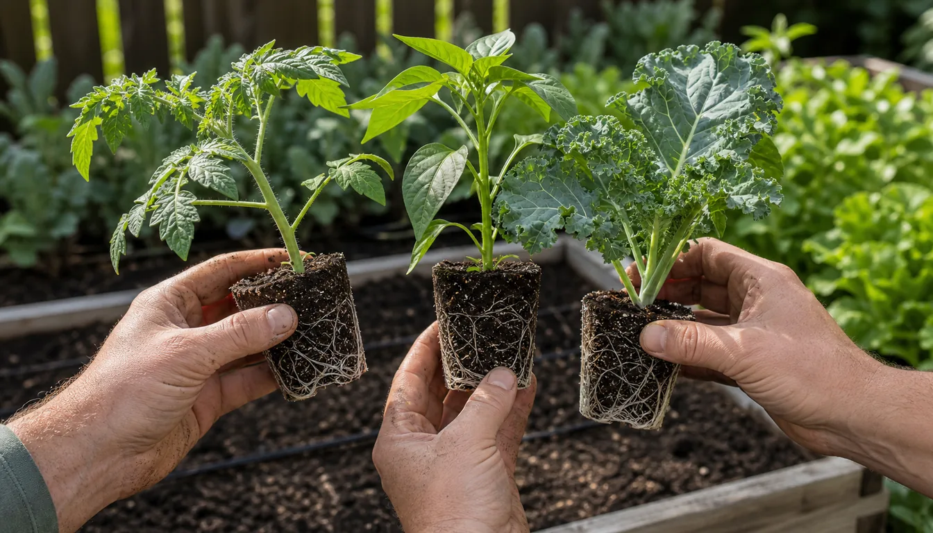 healthy tomato, pepper, and kale seedlings with white roots checked before planting