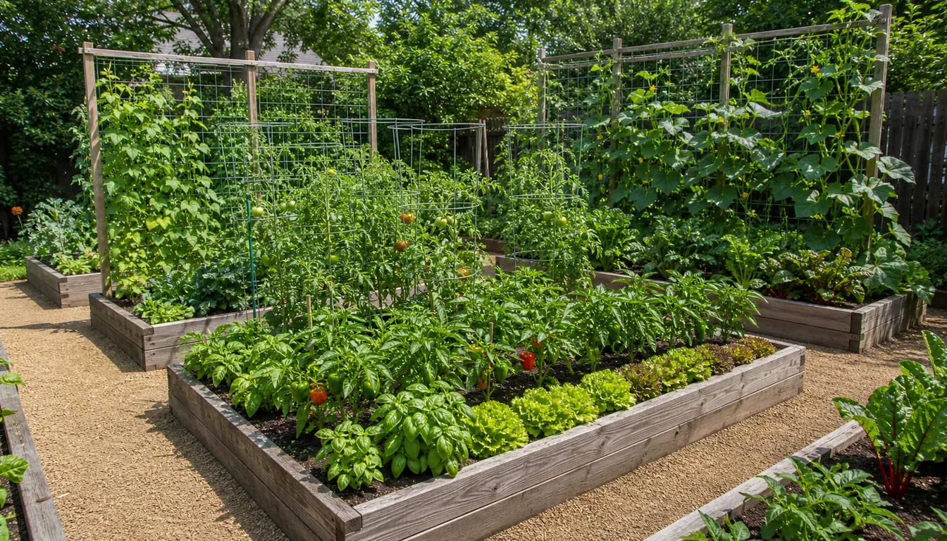 high-yield raised bed layout with tomato cages, pod-crop trellis, peppers, and lettuce edging