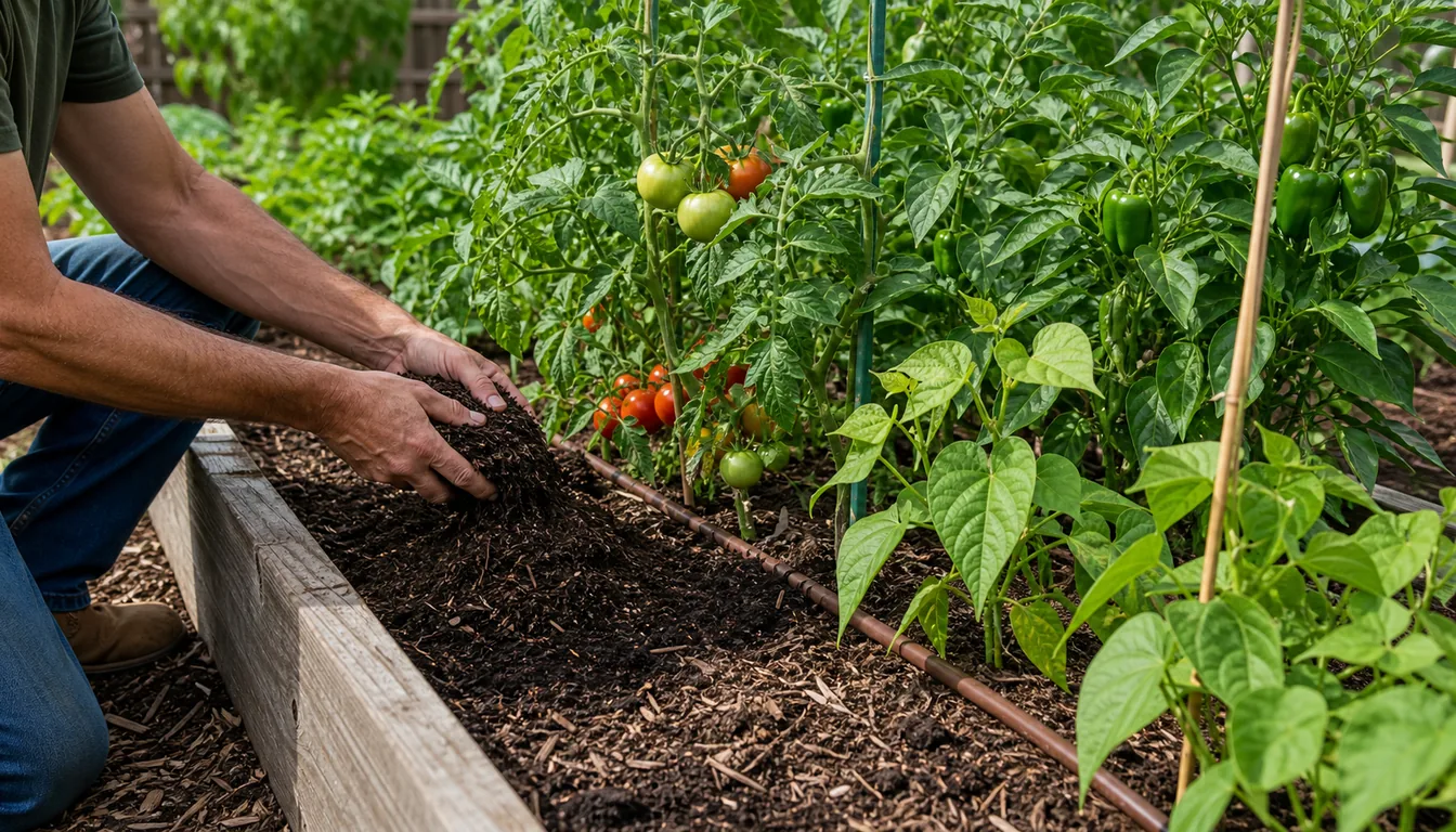 compost and drip irrigation around tomatoes, peppers, and pod crops in a raised bed