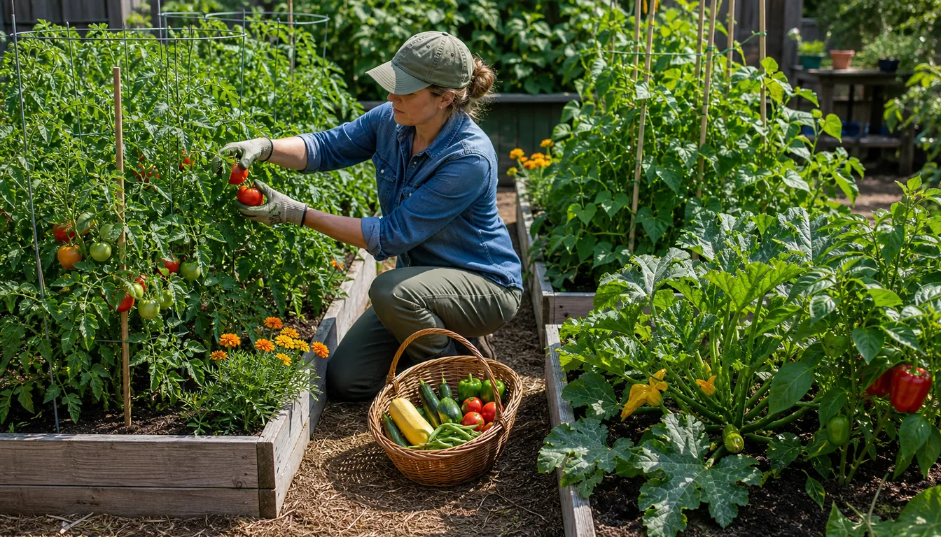 gardener harvesting and pruning productive tomatoes, pod crops, zucchini, and peppers