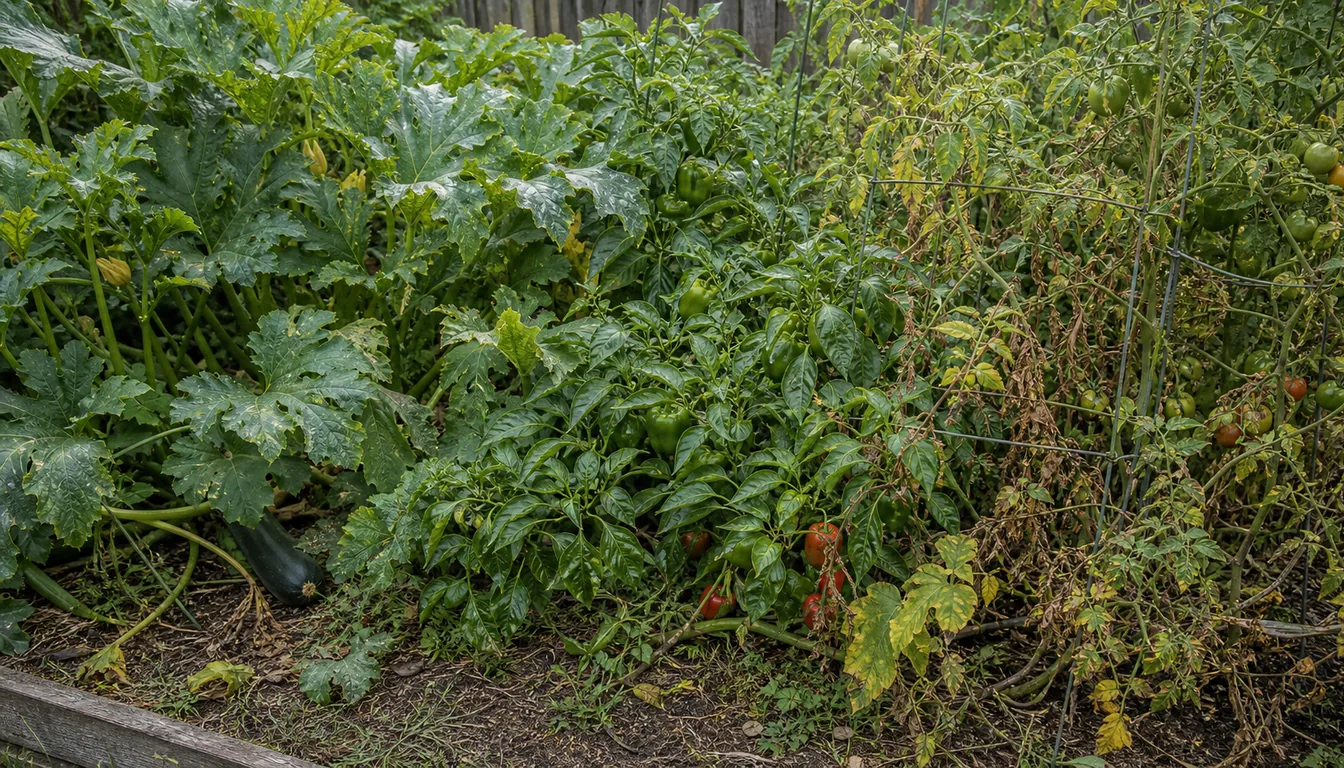 overcrowded vegetable bed with tangled tomatoes, zucchini, peppers, and poor airflow