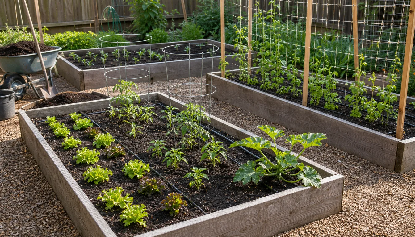 new raised bed starter plan with tomato cages, pod-crop trellis, pepper seedlings, and drip line