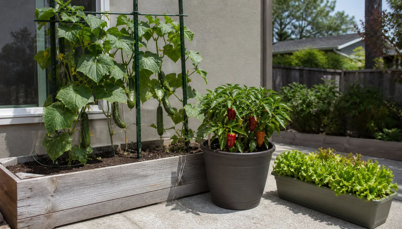 Trellised cucumbers in a raised bed beside a large potted pepper and a shallow planter of leaf lettuce
