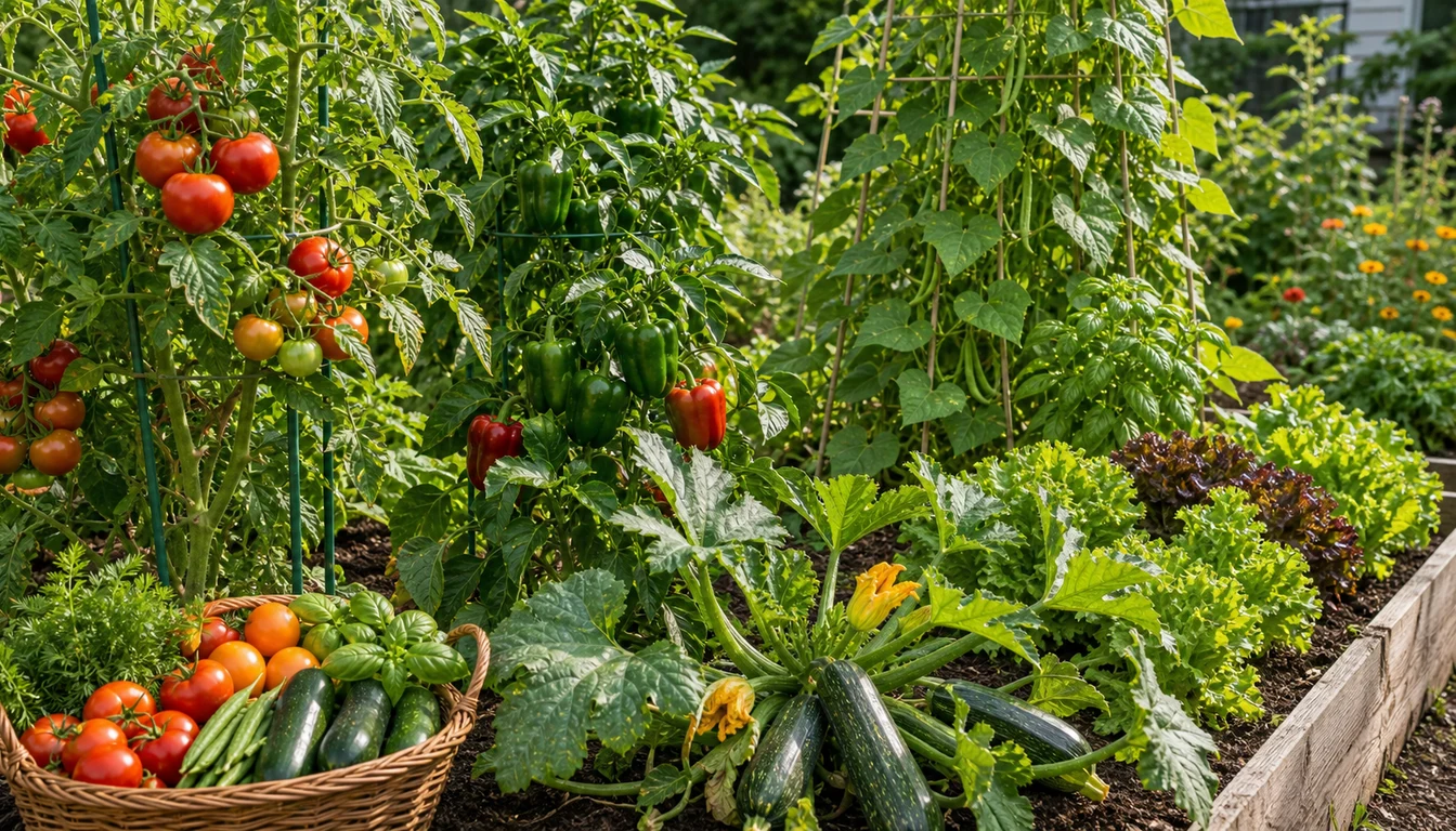 High yield vegetable bed with tomatoes, peppers, pod crops, and leafy greens