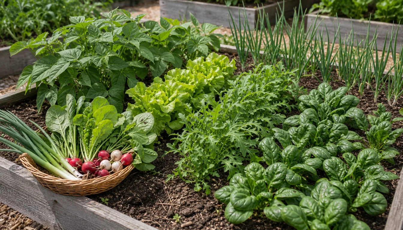 raised bed with harvest-ready radishes, baby lettuce, spinach, arugula, and scallions