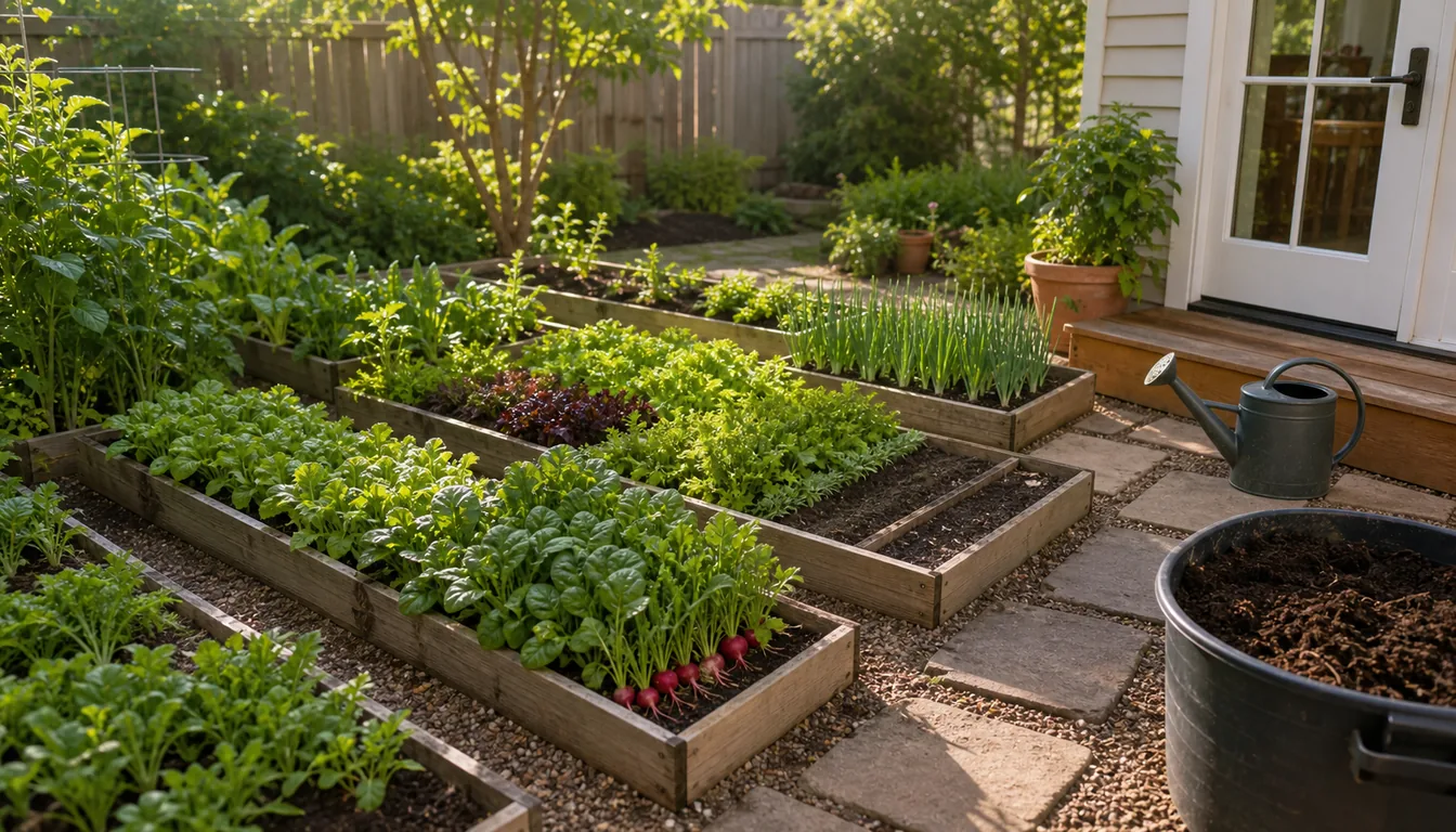 shallow quick-harvest beds near a kitchen door with morning sun and open succession-sowing strips