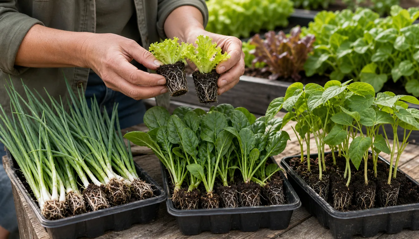 lettuce, scallion, spinach, and bush bean seedlings with roots checked before planting