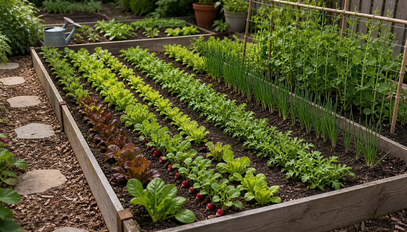 quick-harvest bed layout with radishes, lettuce, arugula, spinach, scallions, and pea shoots