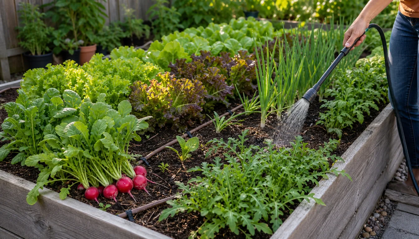 quick-harvest raised bed with compost, drip line, and gentle watering at soil level