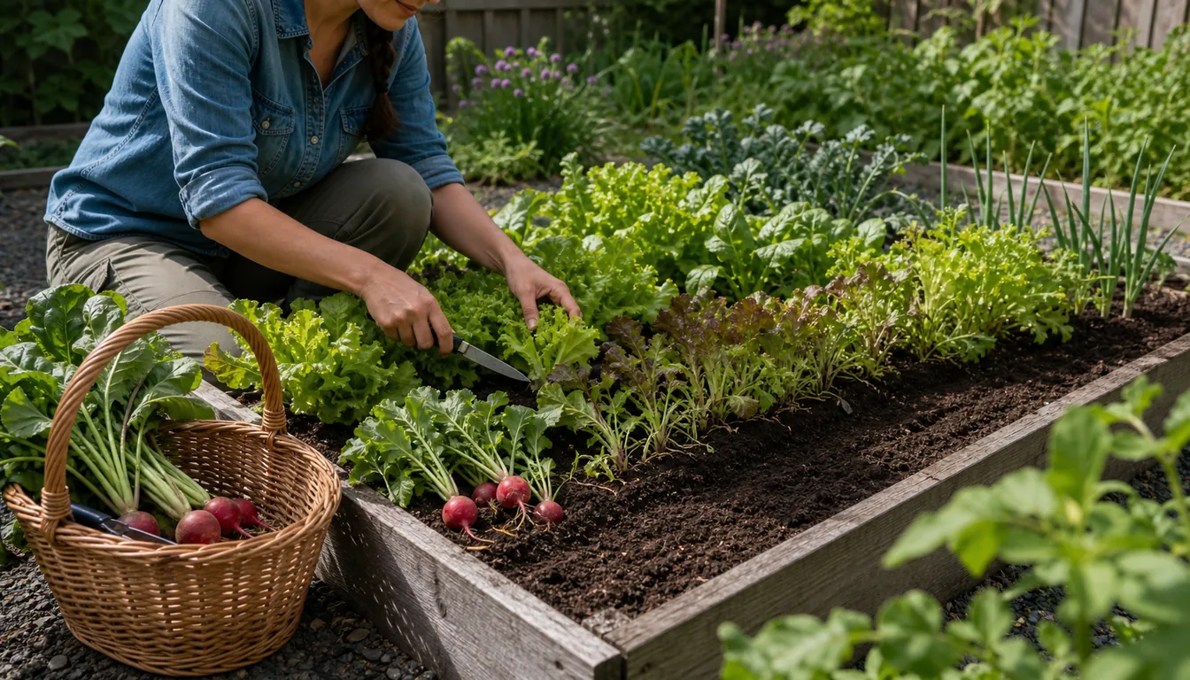gardener harvesting baby lettuce and radishes while sowing a new bare strip