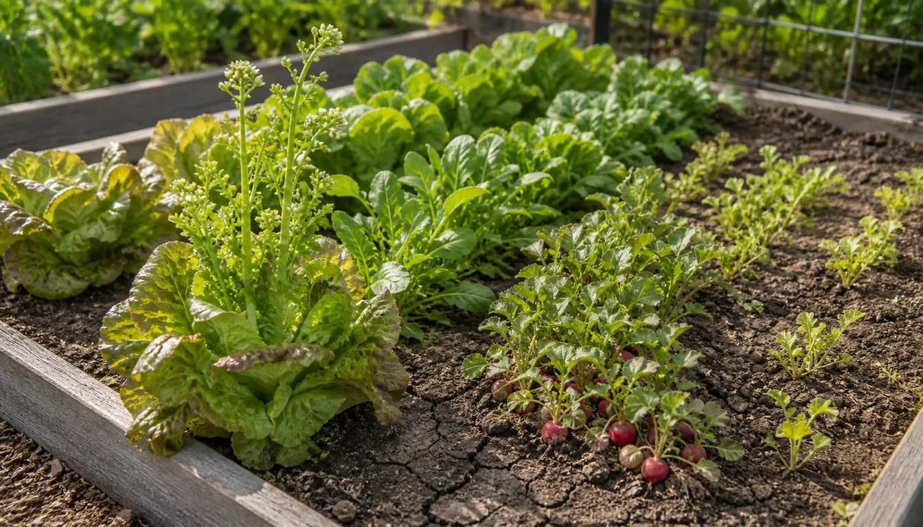 bolted lettuce and overcrowded radishes in a raised bed with dry crusted soil