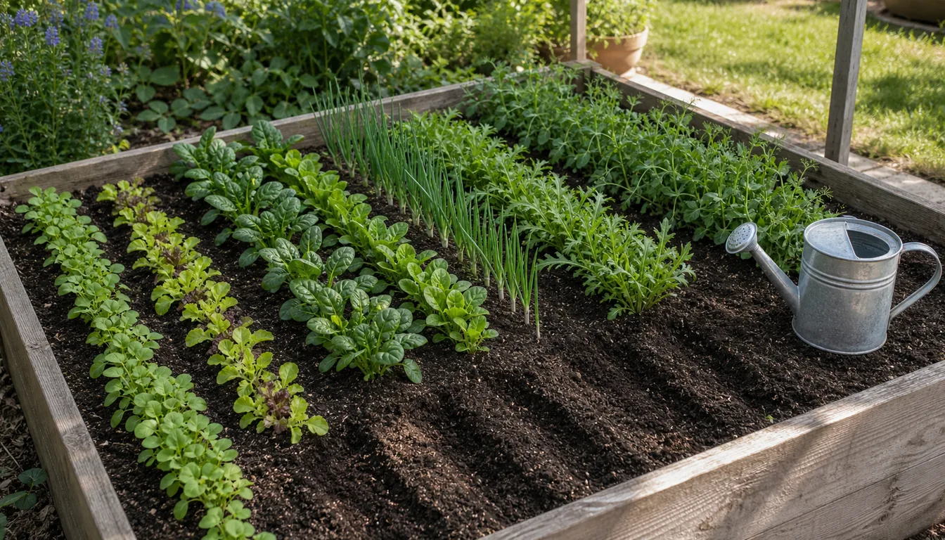 starter quick-harvest bed with neat rows of radish seedlings, lettuce, spinach, and scallions