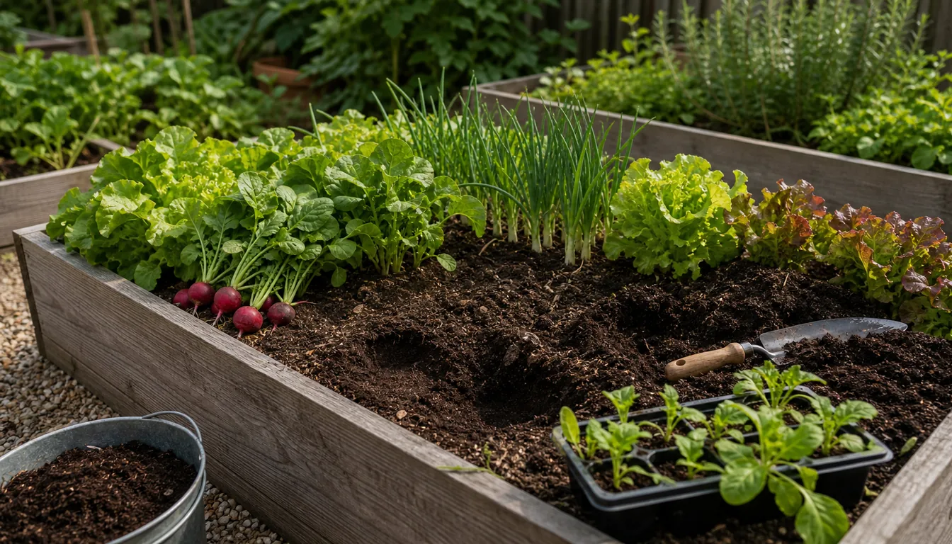 quick-harvest bed with harvested gaps, fresh compost, replacement seedlings, and remaining greens