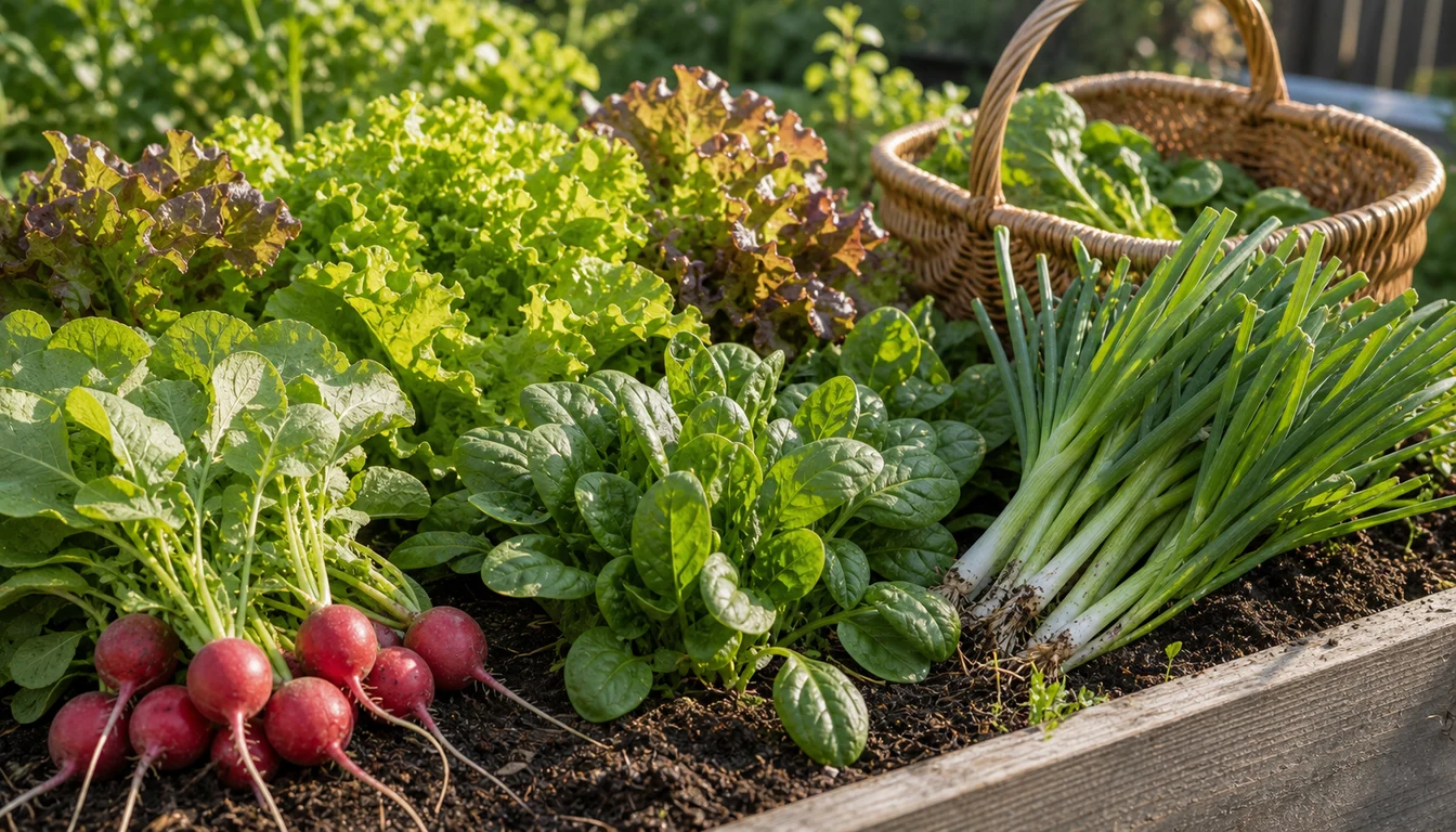Quick harvest vegetables with radishes, lettuce, and young greens in raised beds